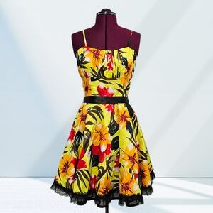 Voodoo Vixen Yellow Floral Flare Skirt Lace Trim Flirty Mini Dress